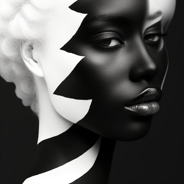 un modèle noir et blanc avec un dessin noir et blanc sur le visage.