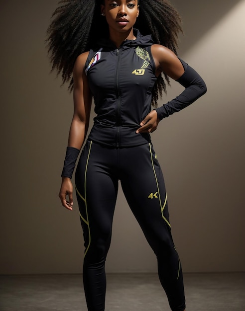 Photo modèle noir avec un corps et une peau parfaits vêtu de vêtements de sport et posant dans une salle de sport commerciale