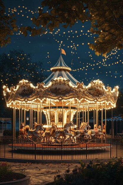 Photo modèle numérique 3d d'un carrousel vintage la nuit