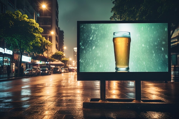 Modèle numérique d'un panneau d'affichage éclairé dans le paysage urbain la nuit avec un verre à boire non étiqueté