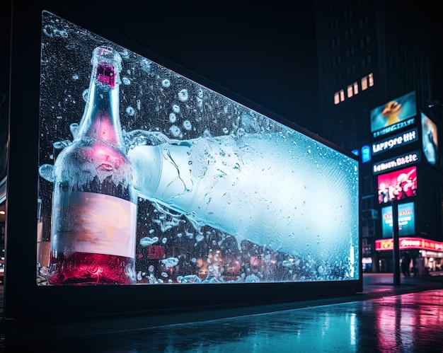 Modèle numérique d'un panneau d'affichage illuminé dans le paysage urbain la nuit avec une bouteille non étiquetée