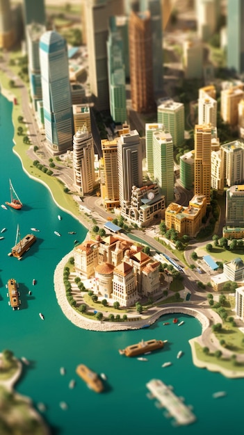 Un modèle officiel d'une ville avec une rivière et un bateau génératif ai