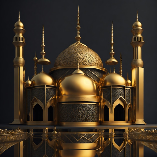 Un modèle d'or et noir d'une mosquée avec un fond noir.