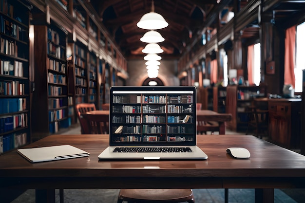 Photo modèle d'ordinateur portable sur une table en bois dans une bibliothèque spacieuse