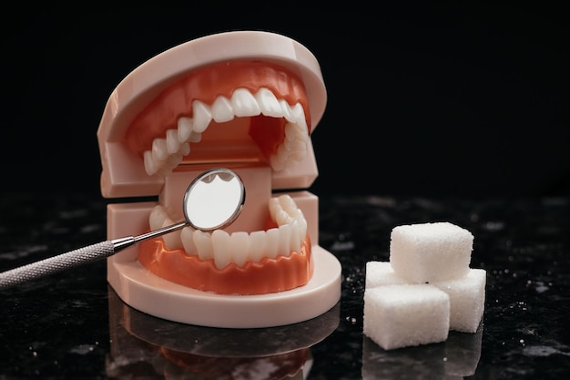 Photo modèle d'outil de dentiste mâchoire et gros plan de sucre