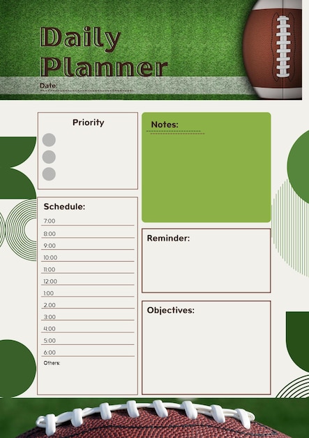 Modèle de page imprimable de feuille d'insertion de planification numérique de planificateur de football