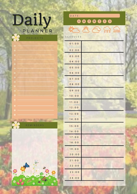 Photo modèle de page imprimable de feuille d'insertion de planification numérique de planificateur de jardin