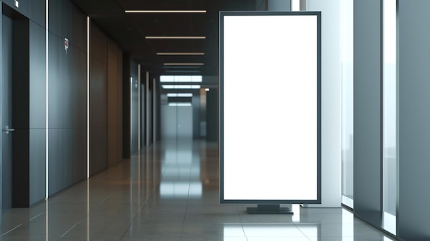 Modèle d'un panneau moderne avec un écran blanc vide dans un couloir de bureau Mockup pour l'IA générative