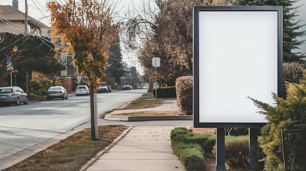 Modèle de panneau de publicité blanc dans un quartier de banlieue