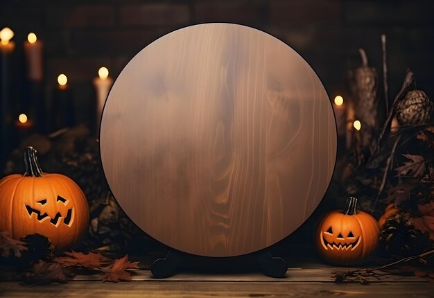 Modèle de panneau rond d'Halloween avec des citrouilles et des feuilles tombées sur un fond sombre Planche en bois avec décoration de vacances d'automne avec espace de copie Générée par l'IA