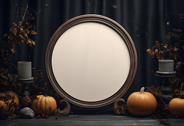 Modèle de panneau rond d'Halloween avec des citrouilles sur fond sombre Planche en bois avec décoration d'automne