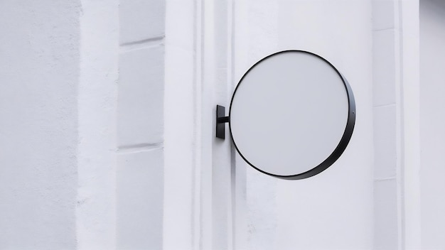 Photo modèle de panneau rond vide sur un mur blanc