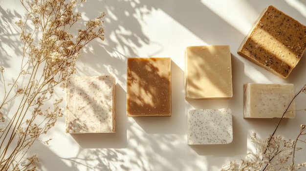 Modèle de papier artisanal représentant des savons biologiques faits maison sur fond blanc mettant en évidence le principe du zéro déchet pour les petites entreprises