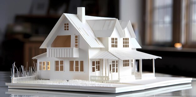 un modèle en papier d'une maison se tient sur la table