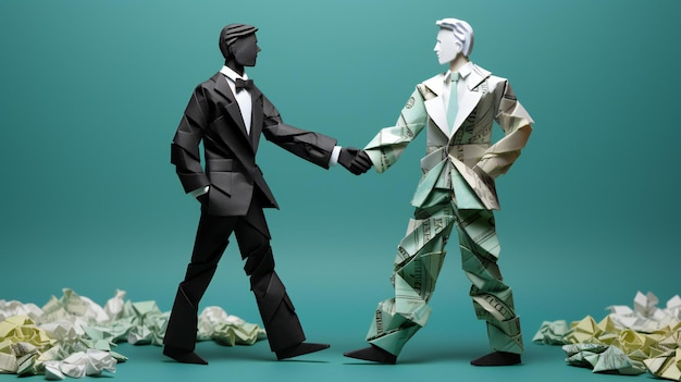 Un modèle en papier origami de deux hommes d'affaires se serrant la main