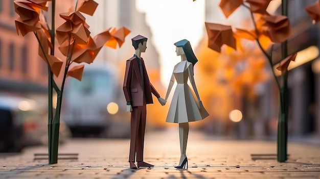 Un modèle en papier origami d'un jeune couple marchant dans la rue