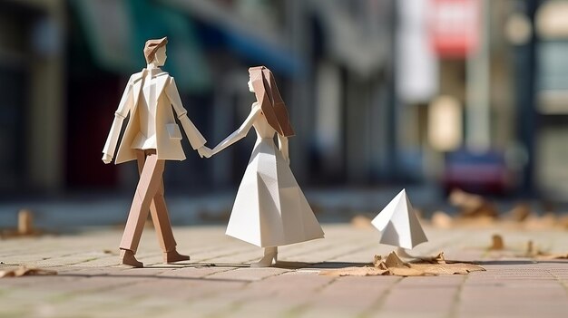 Un modèle en papier origami d'un jeune couple marchant dans la rue