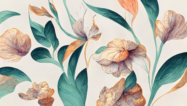 Modèle pastel spectaculaire de motifs floraux avec feuilles et pétales Caractéristiques d'œuvres d'art de fleurs naturelles avec multicolores et formes Illustration 3D d'art numérique