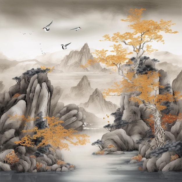modèle de paysage à l'aquarelle avec des détails en or