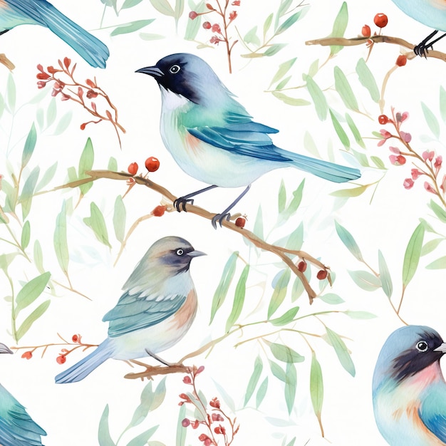 Un modèle de peinture à l'aquarelle d'oiseaux assis sur une branche d'arbre