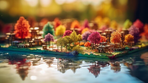 Photo un modèle d'un petit village avec des arbres sur l'eau