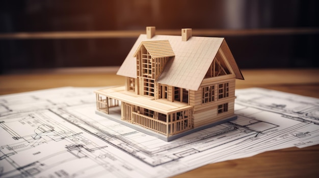 Modèle de petite maison 3d construction de maison en bois sur plan d'impression