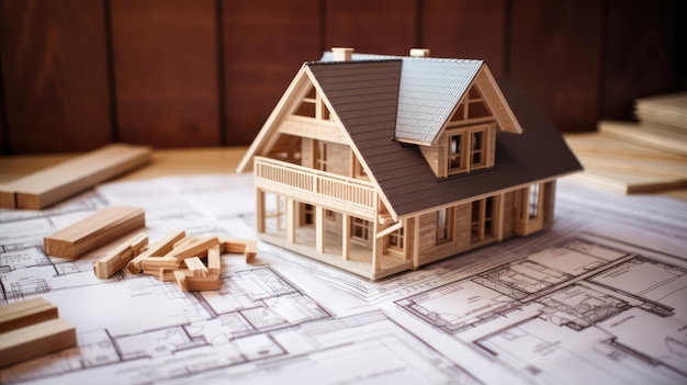 Photo modèle de petite maison 3d construction de maison en bois sur plan d'impression