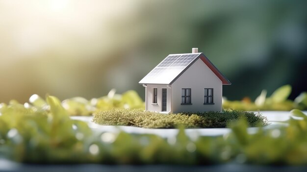 Modèle de petite maison 3d avec un toit vert sur de l'herbe verte et un fond naturel