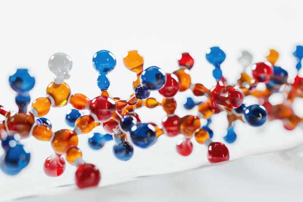 Modèle plastique d'éléments chimiques de molécules de protéines isolées sur fond blanc en gros plan
