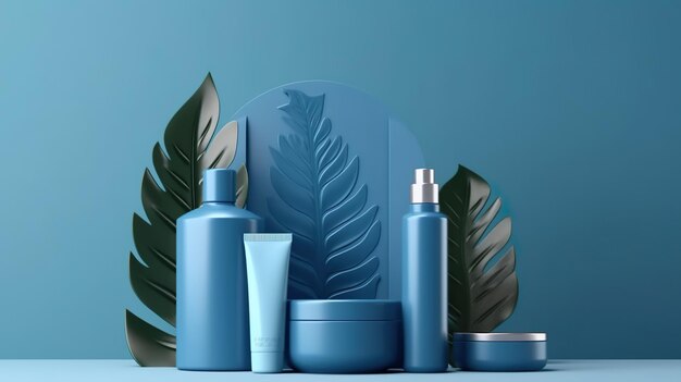 Modèle de podium bleu avec des cosmétiques