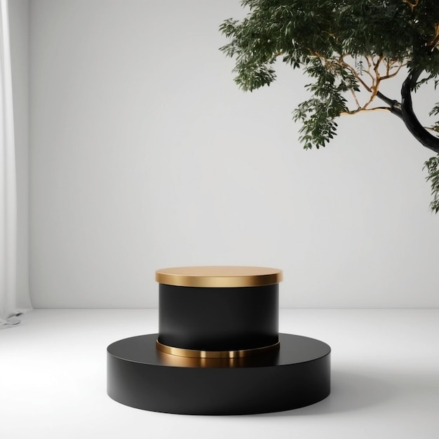 Modèle de podium de piédestal 3D rond noir et doré sur une pièce blanche avec décoration d'arbre pour l'affichage des produits