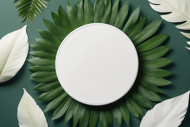 Photo modèle de podium rond blanc pour la présentation de produits cosmétiques organiques naturels concept publicitaire sur vert forêt écologique feuilles fraîches fond plat nature à la mode modeste minimaliste à la mode