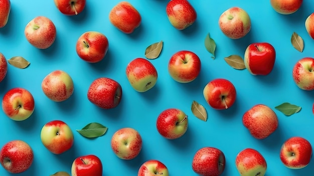 Modèle de pomme pommes fraîches sur fond bleu Ai générative