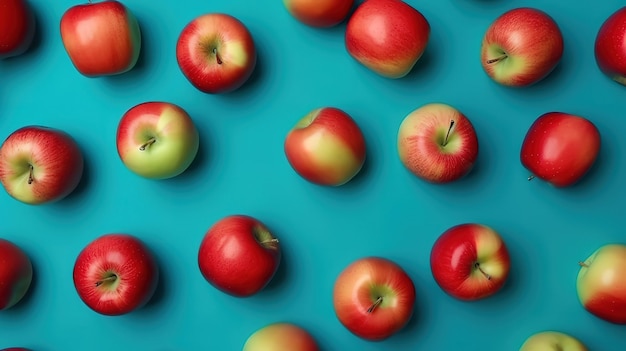 Modèle de pomme pommes fraîches sur fond bleu Ai générative