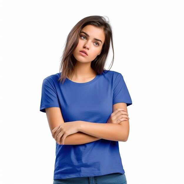 Un modèle portant une chemise bleue qui dit "t-shirt"