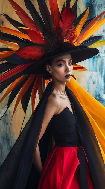 un modèle porte un chapeau avec une plume rouge et une robe noire