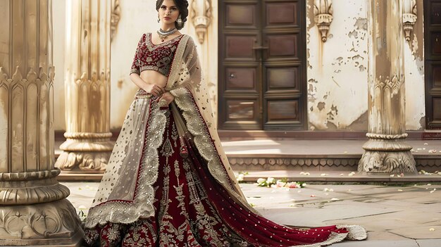 Photo un modèle porte un lengha brodé en rouge et en or. le lengha est un vêtement traditionnel indien porté par les femmes lors d'occasions spéciales.