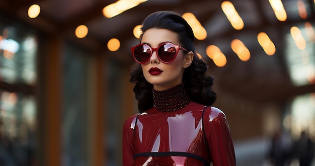 un modèle porte une tenue rouge et blanche avec des lunettes de soleil.