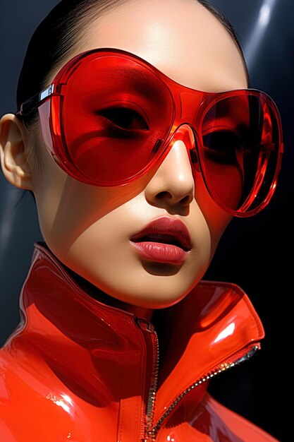 un modèle porte une veste rouge avec une paire de lunettes de soleil rouges