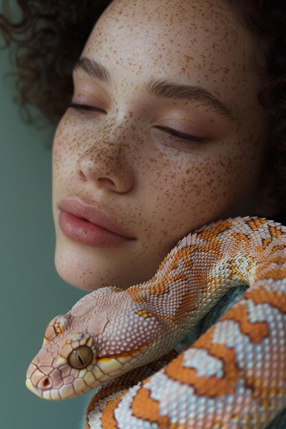 Photo modèle de portrait de beauté à la mode époustouflante présente un maquillage brillant créatif et innovant avec un serpent