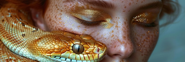 Modèle de portrait de beauté à la mode époustouflante présente un maquillage brillant créatif et innovant avec un serpent