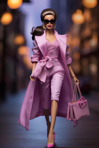 Photo modèle de poupée rose fille blonde en fond flou clair en tant que femme d'affaires