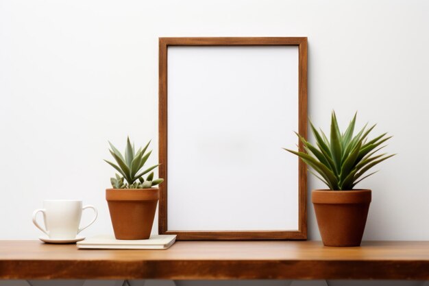 Modèle propre pour avec une table et quelques plantes avec un mur blanc en arrière-plan IA générative