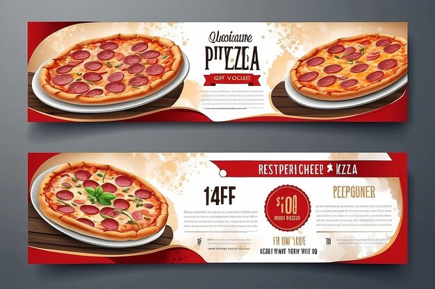 Photo modèle de prospectus de chèque-cadeau de restaurant avec une délicieuse pizza au fromage pepperoni