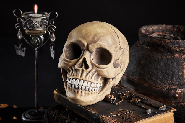 Modèle réaliste d'un crâne humain avec des dents sur une table sombre en bois fond noir science médicale