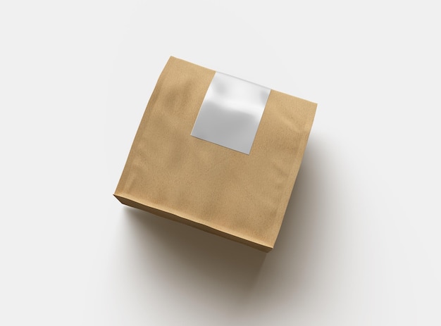 Modèle rendu d'un sac en papier carré avec le dessus plié et l'étiquette sur un fond clair