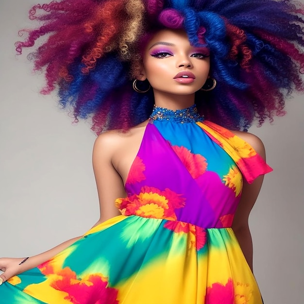 Un modèle avec une robe colorée vibrante et une coiffure sauvage et boucléeAigerated