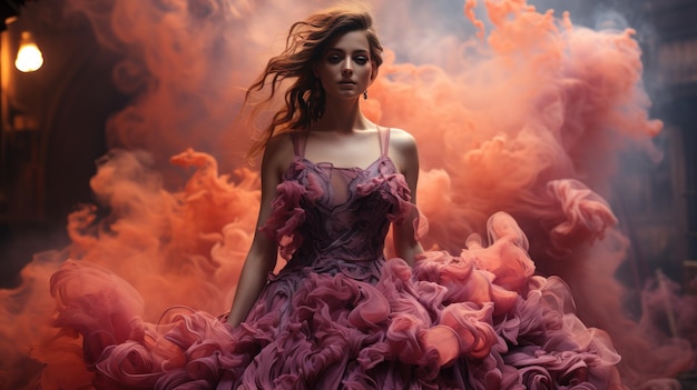 Le modèle en robe de couture cramoisie faerietale se transforme en art numérique de fumée vive Créé avec l'IA générative