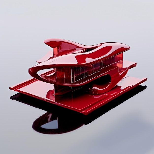 Un modèle rouge d'un bateau est sur une table.