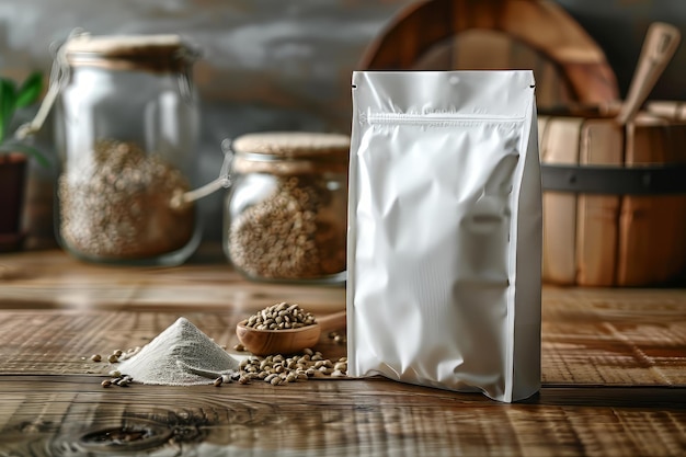 Modèle de sac d'emballage blanc sur une table en bois